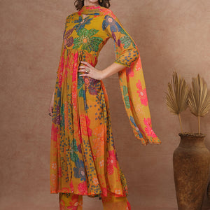 Abstract Floral Printed A-Line Pleated Kurta with Palazzo & Dupatta - Green