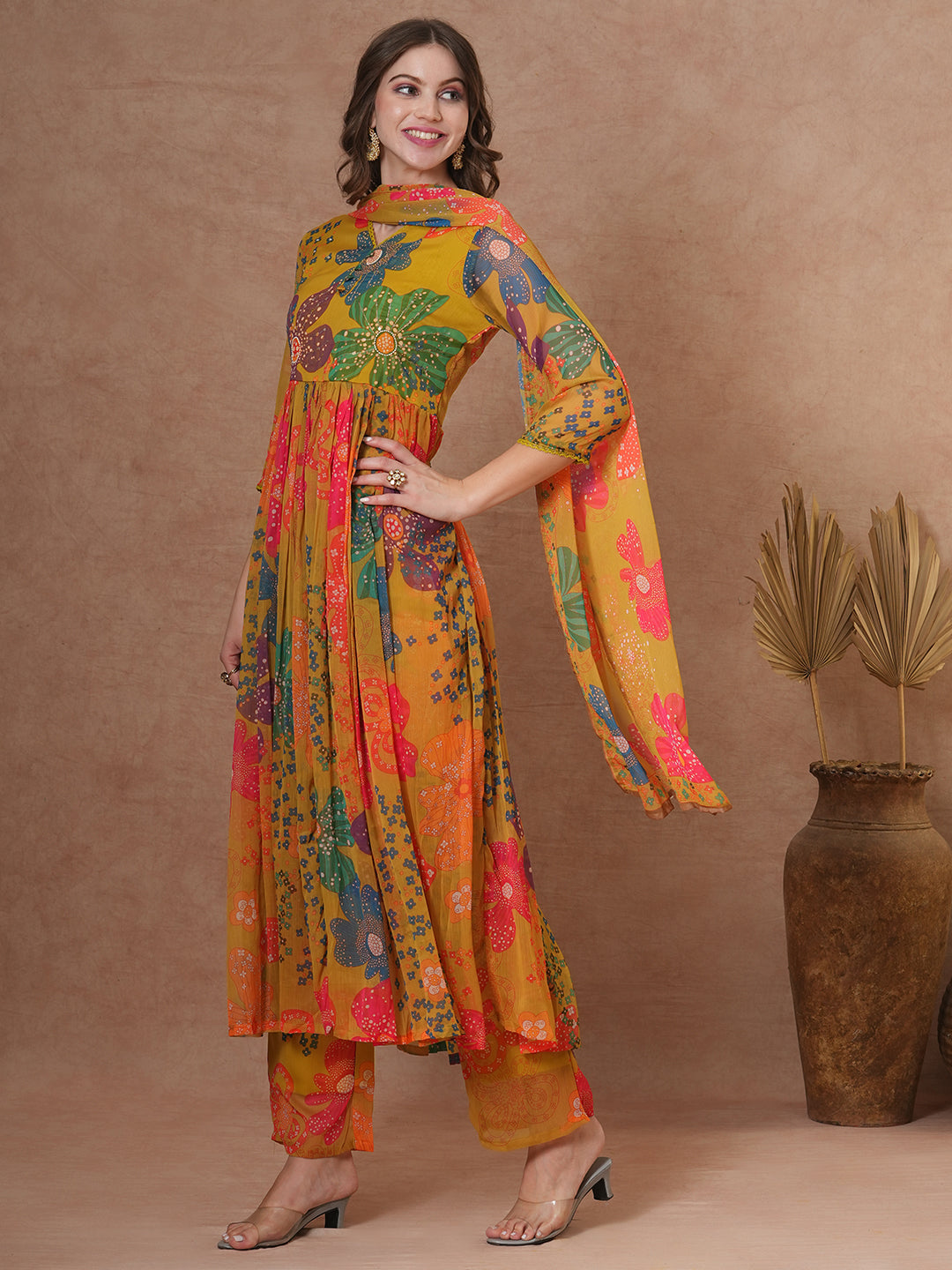 Abstract Floral Printed A-Line Pleated Kurta with Palazzo & Dupatta - Green