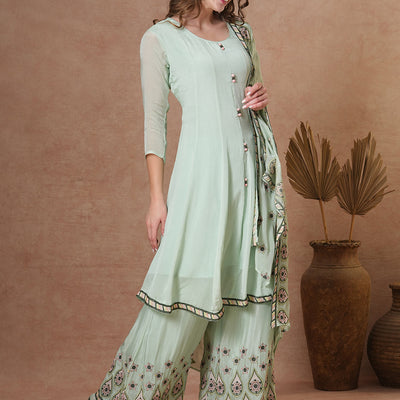 Floral & Embroidered Anarkali Kurta with Palazzo & Dupatta - Mint Green