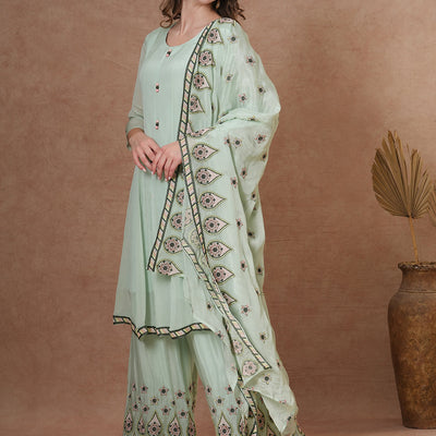 Floral & Embroidered Anarkali Kurta with Palazzo & Dupatta - Mint Green
