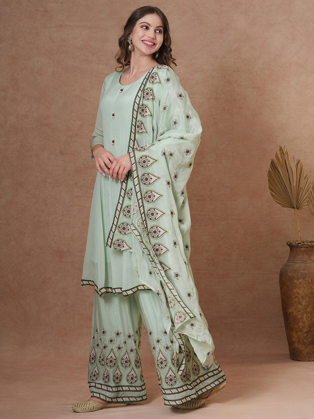 Floral & Embroidered Anarkali Kurta with Palazzo & Dupatta - Mint Green