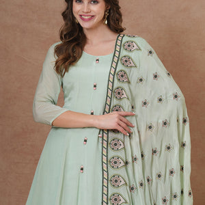 Floral & Embroidered Anarkali Kurta with Palazzo & Dupatta - Mint Green