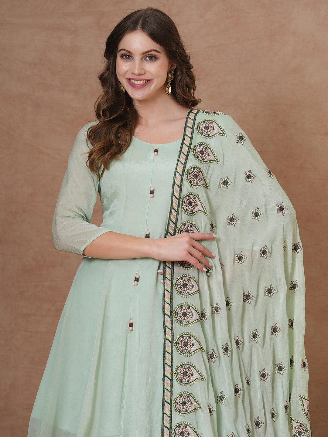 Floral & Embroidered Anarkali Kurta with Palazzo & Dupatta - Mint Green