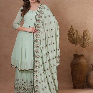Floral & Embroidered Anarkali Kurta with Palazzo & Dupatta - Mint Green