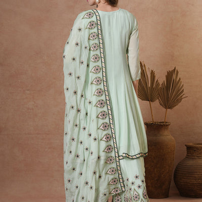 Floral & Embroidered Anarkali Kurta with Palazzo & Dupatta - Mint Green