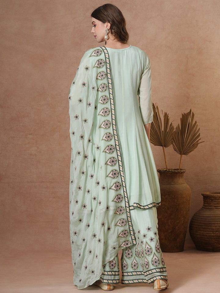 Floral & Embroidered Anarkali Kurta with Palazzo & Dupatta - Mint Green