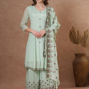 Floral & Embroidered Anarkali Kurta with Palazzo & Dupatta - Mint Green