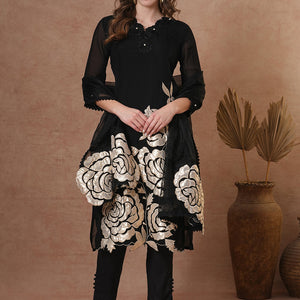 Solid Black Floral Shimmer Patchworked Kurta with Pant & Dupatta - Black
