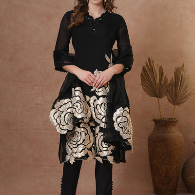 Solid Black Floral Shimmer Patchworked Kurta with Pant & Dupatta - Black