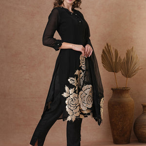 Solid Black Floral Shimmer Patchworked Kurta with Pant & Dupatta - Black
