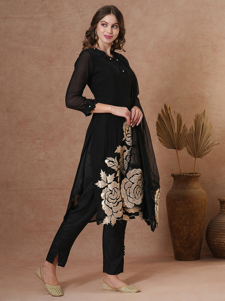 Solid Black Floral Shimmer Patchworked Kurta with Pant & Dupatta - Black