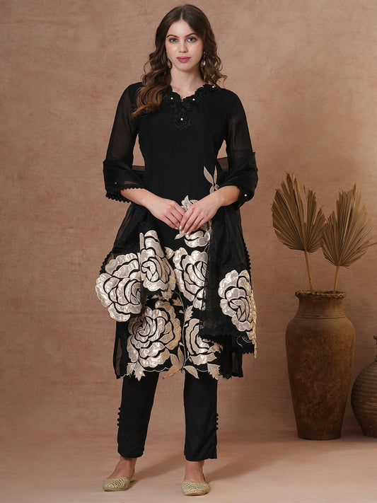 Solid Black Floral Shimmer Patchworked Kurta with Pant & Dupatta - Black