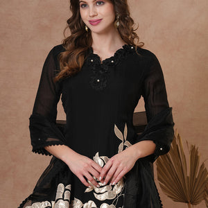Solid Black Floral Shimmer Patchworked Kurta with Pant & Dupatta - Black