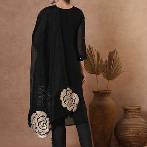 Solid Black Floral Shimmer Patchworked Kurta with Pant & Dupatta - Black