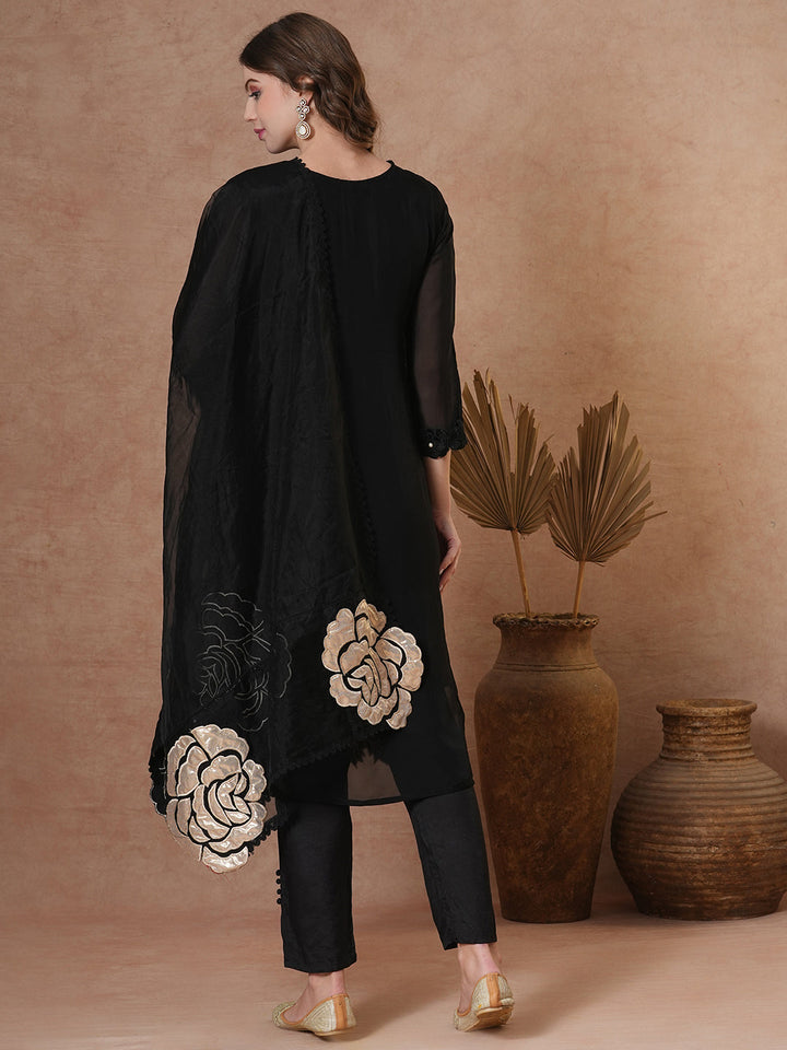 Solid Black Floral Shimmer Patchworked Kurta with Pant & Dupatta - Black