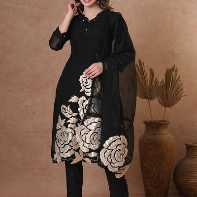 Solid Black Floral Shimmer Patchworked Kurta with Pant & Dupatta - Black
