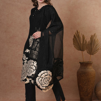 Solid Black Floral Shimmer Patchworked Kurta with Pant & Dupatta - Black