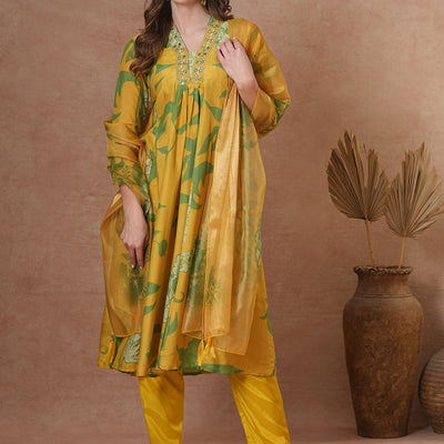 Abstract Floral Printed & Hand Embroidered A-Line Kurta with Pant & Dupatta - Yellow