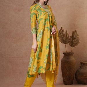 Abstract Floral Printed & Hand Embroidered A-Line Kurta with Pant & Dupatta - Yellow