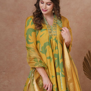 Abstract Floral Printed & Hand Embroidered A-Line Kurta with Pant & Dupatta - Yellow