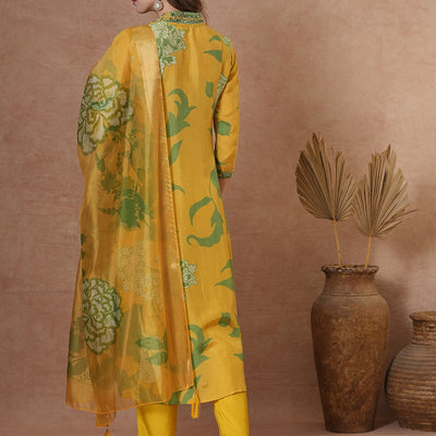Abstract Floral Printed & Hand Embroidered A-Line Kurta with Pant & Dupatta - Yellow
