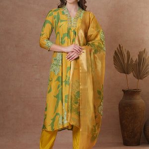Abstract Floral Printed & Hand Embroidered A-Line Kurta with Pant & Dupatta - Yellow