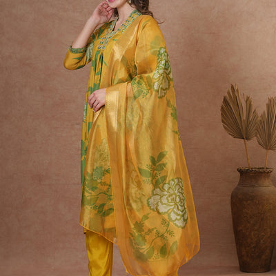 Abstract Floral Printed & Hand Embroidered A-Line Kurta with Pant & Dupatta - Yellow