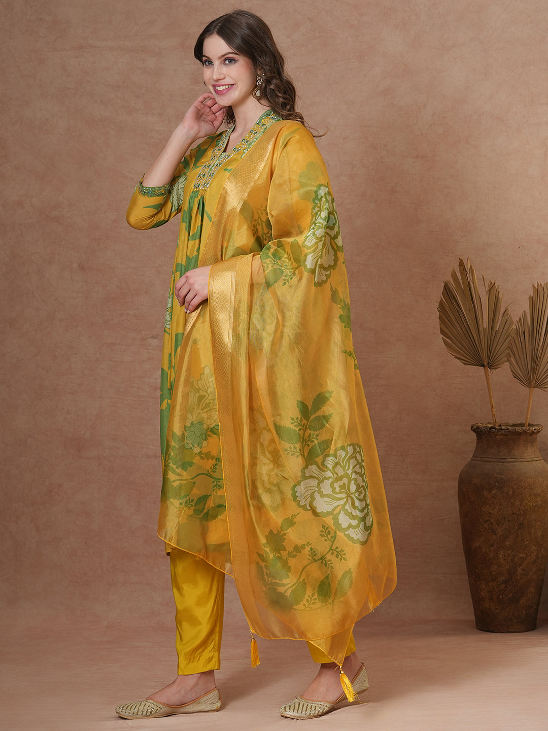 Abstract Floral Printed & Hand Embroidered A-Line Kurta with Pant & Dupatta - Yellow