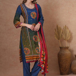 Ethnic Kalamkari Printed & Embroidered Straight Fit Kurta with Pant and Dupatta - Blue