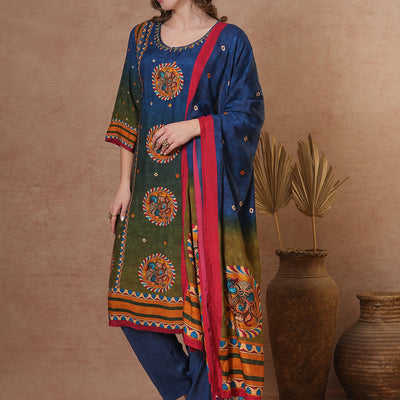 Ethnic Kalamkari Printed & Embroidered Straight Fit Kurta with Pant and Dupatta - Blue