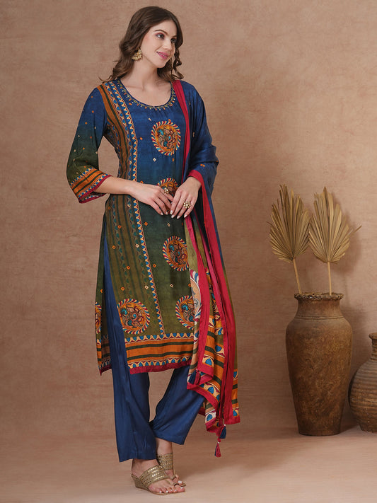 Ethnic Kalamkari Printed & Embroidered Straight Fit Kurta with Pant and Dupatta - Blue