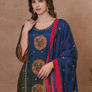 Ethnic Kalamkari Printed & Embroidered Straight Fit Kurta with Pant and Dupatta - Blue