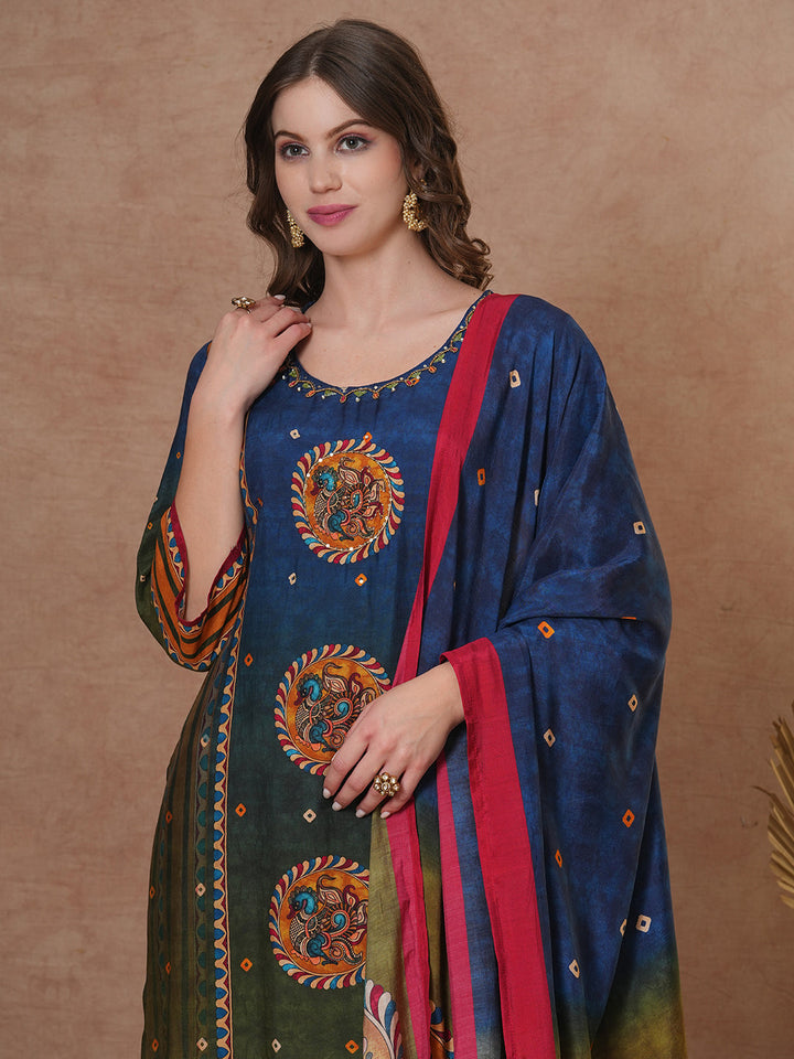 Ethnic Kalamkari Printed & Embroidered Straight Fit Kurta with Pant and Dupatta - Blue