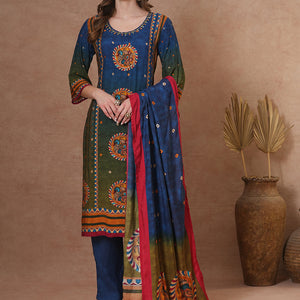 Ethnic Kalamkari Printed & Embroidered Straight Fit Kurta with Pant and Dupatta - Blue