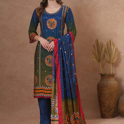 Ethnic Kalamkari Printed & Embroidered Straight Fit Kurta with Pant and Dupatta - Blue