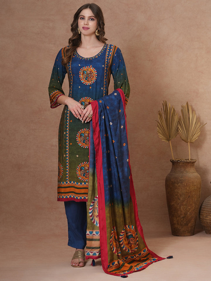 Ethnic Kalamkari Printed & Embroidered Straight Fit Kurta with Pant and Dupatta - Blue