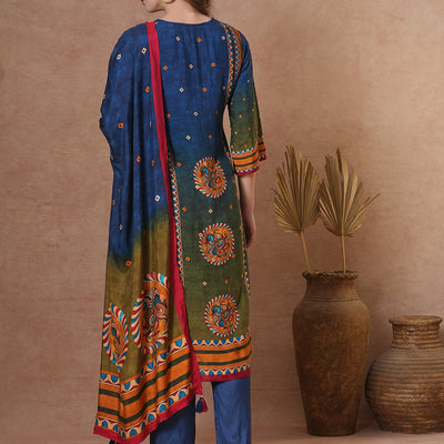 Ethnic Kalamkari Printed & Embroidered Straight Fit Kurta with Pant and Dupatta - Blue