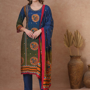 Ethnic Kalamkari Printed & Embroidered Straight Fit Kurta with Pant and Dupatta - Blue