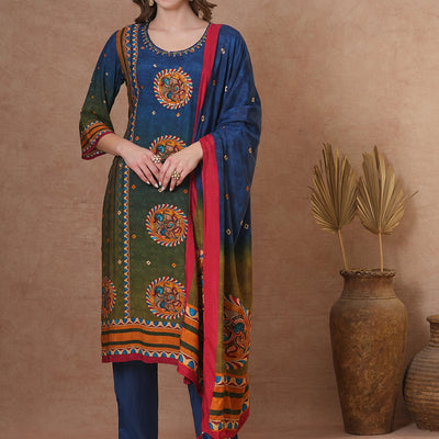 Ethnic Kalamkari Printed & Embroidered Straight Fit Kurta with Pant and Dupatta - Blue
