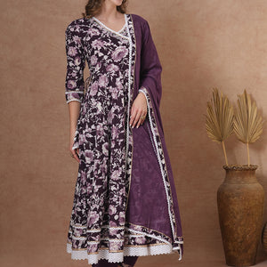 Floral Printed & Hand Embroidered Anarkali Kurta with Pant & Dupatta - Deep Purple