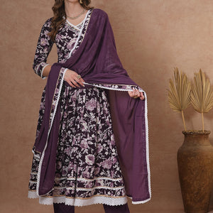 Floral Printed & Hand Embroidered Anarkali Kurta with Pant & Dupatta - Deep Purple