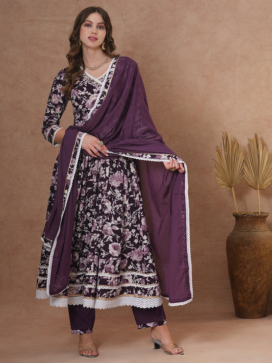 Floral Printed & Hand Embroidered Anarkali Kurta with Pant & Dupatta - Deep Purple