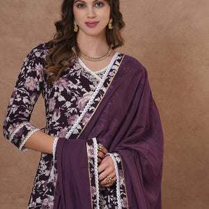 Floral Printed & Hand Embroidered Anarkali Kurta with Pant & Dupatta - Deep Purple