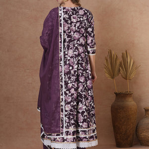 Floral Printed & Hand Embroidered Anarkali Kurta with Pant & Dupatta - Deep Purple