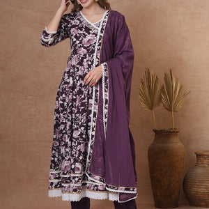 Floral Printed & Hand Embroidered Anarkali Kurta with Pant & Dupatta - Deep Purple