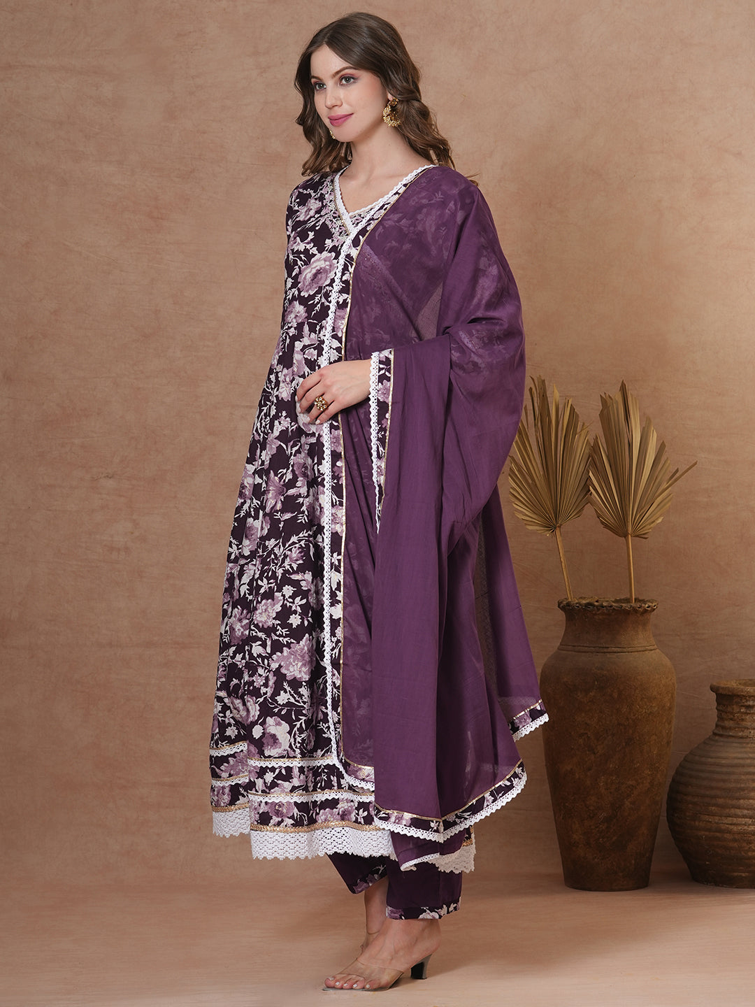 Floral Printed & Hand Embroidered Anarkali Kurta with Pant & Dupatta - Deep Purple