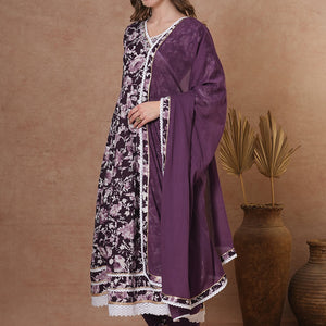 Floral Printed & Hand Embroidered Anarkali Kurta with Pant & Dupatta - Deep Purple
