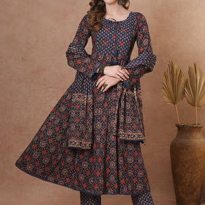 Ethnic Floral Printed & Embroidered Anarkali Kurta with Pant & Dupatta - Blue