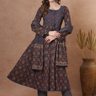 Ethnic Floral Printed & Embroidered Anarkali Kurta with Pant & Dupatta - Blue