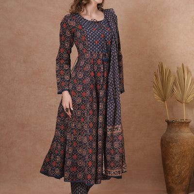 Ethnic Floral Printed & Embroidered Anarkali Kurta with Pant & Dupatta - Blue